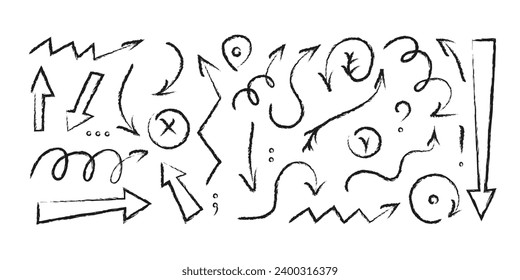 Set of charcoal arrows. Hand drawn arrows, punctuation marks. Doodle vector illustration. 