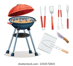 Set of charcoal barbecue grill, tongs, spatula, fork, knife. BBQ tools vector cartoon illustration