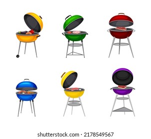 Set of charcoal barbecue grills. Grilling equipment with tasty grilled meat and vegetables vector illustration