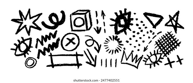 Set of charcoal drawn symbols: eyes, stars,  crowns, arrows, crosses, swirls and dots with dry brush texture. Exclamation and question marks. Bold graffiti style shapes. Vector trendy illustration.