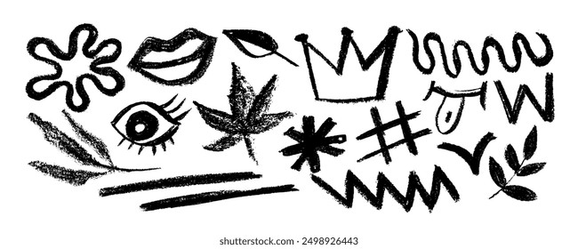 Set of charcoal drawn symbols: eyes, crowns, lips, crosses,  swirls and dots with dry brush texture. Exclamation and question marks. Bold graffiti style shapes. Vector trendy illustration.