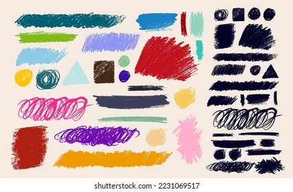 Conjunto de lápices de carbón, líneas y calamares negras, trazos anchos, pincel. Ataques coloridos y esgrimidos. El marcador garabatea dibujado a mano. Esbozos de lápiz de color, dibujos. Diseño de elementos de rastreo vectorial.