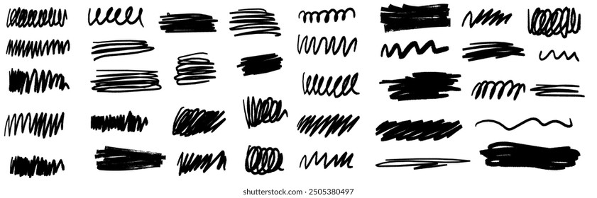 Set of charcoal pencil curly lines, squiggles and shapes. Grunge pen scribbles collection. Bright color charcoal or chalk drawing