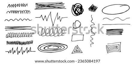 Set of Charcoal scribble stripes, lines, circles shapes. Children's crayon, liner or marker doodle rouge hand drawing scratches. Vector illustration .