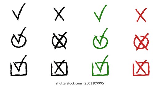 Set of Charcoal texture Check Mark  selection isolated white background. Simple black checklist collection. Doodle vector illustration. EPS 10