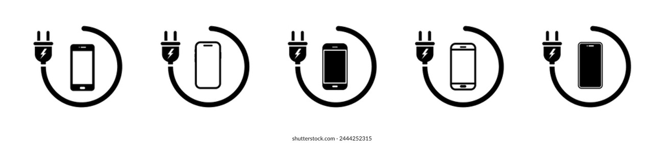 Set of charge battery phone vector icons. Charger station smartphone. Recharge mobile phone.
