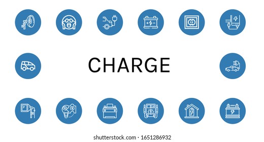 Set of charge icons. Such as Flash, Shocked, Electric car, Battery, Socket, Power bank, Hybrid solution, Car battery, Electric meter , charge icons