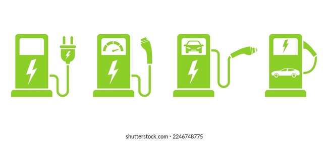 Conjunto de estaciones de carga para auto eléctrico. Cargador y enchufe para el coche. Iconos verdes vectoriales.
