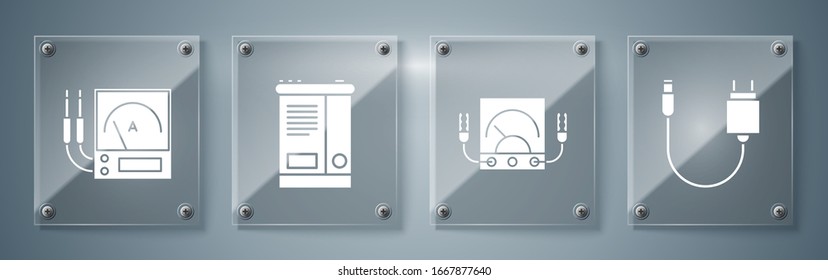 Set Charger, Ampere meter, multimeter, voltmeter, Car battery and Ampere meter, multimeter, voltmeter. Square glass panels. Vector