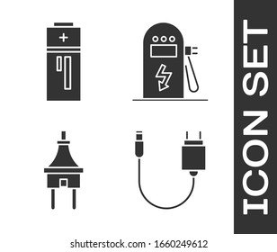 Set Charger, Battery, Electric plug and Electric car charging station icon. Vector