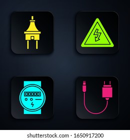 Set Charger, Electric plug, Electric meter and High voltage sign. Black square button. Vector