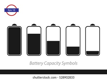 Set Of Charging Battery. Black Battery Capacity Sign Isolated On White Background. Vector Illustration