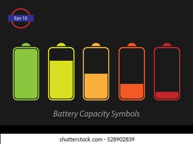 Set Of Charging Battery. Colored Battery Capacity Sign Isolated On Black Background. Vector Illustration