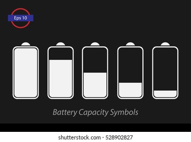 Set Of Charging Battery. White Battery Capacity Sign Isolated On Black Background. Vector Illustration