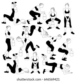 Set of  charging with a bottle of water. Slim girl doing exercises with a bottle of water.
