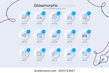 Set of Charging station, Parcel checklist and Exhaust line icons for web app. Mountain bike, Petrol station, Tracking parcel icons. Car charging, Medical helicopter, Passport signs. Vector