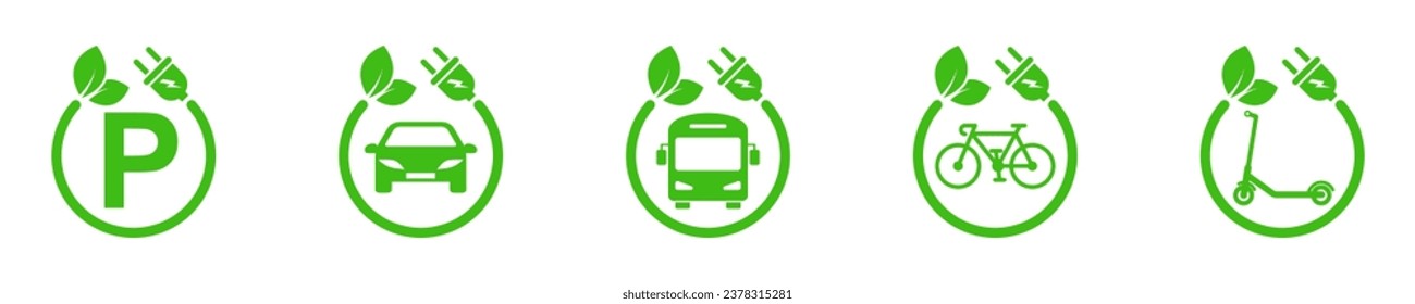 Conjunto de iconos vectoriales de estaciones de carga. Cargo para bicicletas, autobuses, coches y motocicletas eléctricas. Apunte la energía de recarga ecológica.