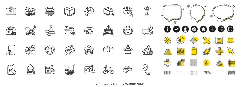 Set of Charging time, Truck delivery and Filling station line icons for web app. Design elements, Social media icons. Package box, Airplane, Backpack icons. Vector