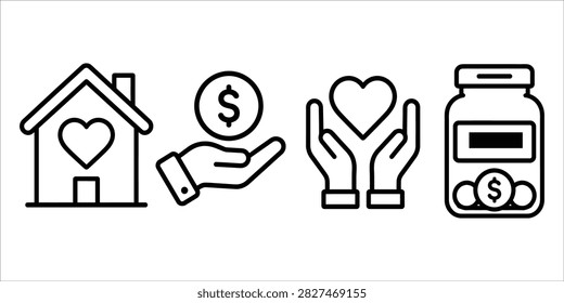 Set of charitable giving and financial aid icons with donation kindness financial