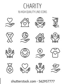 Set of charity icons in modern thin line style. High quality black outline donation symbols for web site design and mobile apps. Simple charity pictograms on a white background.