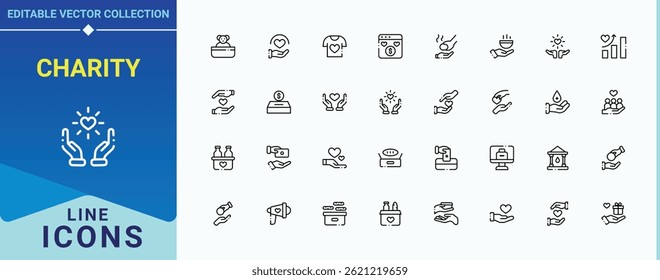 Set of Charity line icon. Contains such icons as support, linearity, nonprofit, community and more. Charity And Donation line icon set. Modern icons collection. Editable stroke. Pixel Perfect.