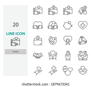 set of charity thin line icons, volunteer, help, save the world