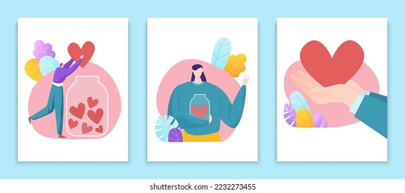 Set of charity volunteer card set, philanthropy male and female character help people flat vector illustration, isolated on white.