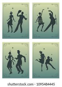 Set of charleston party posters.Gatsby style set.Group of retro woman and man black silhouette dancing charleston.Vintage style.retro silhouette dancer.1920.
flapper singer fashion retro dancers 1920s