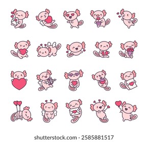 Set of charming axolotl valentines day characters celebrating love with hearts, wings, balloons, bouquet, and romantic gestures for joyful and heartfelt moments for yours design projects