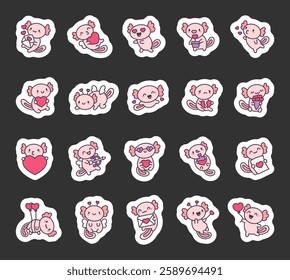 Set of charming axolotl valentines day characters celebrating love with hearts, wings, balloons, bouquet, and romantic gestures for joyful and heartfelt moments for yours design projects