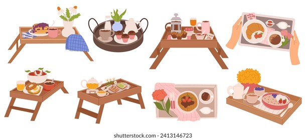 Set of Charming Bed Tables, Adorned With Tablecloths, Hold A Delightful Breakfast, Fresh Fruits, Warm Pastries, And Steaming Cups Of Coffee, Creating A Cozy Morning Ritual. Cartoon Vector Illustration