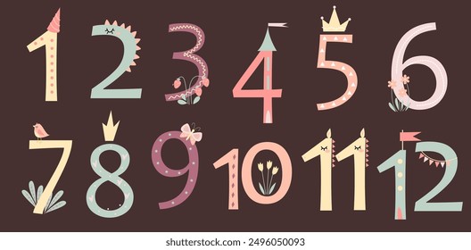 A set of charming bright numbers from 1 to 12 with decorative elements