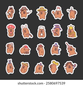 Set of charming capybara cartoon characters dressed in a variety of creative hats and costumes, showcasing animals, props, festive themes, and adorable expressions for fun illustration designs.