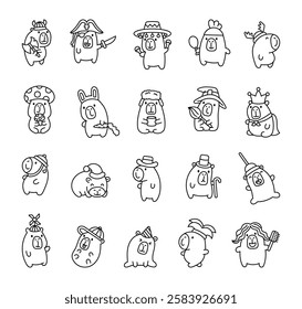 Set of charming capybara cartoon characters dressed in a variety of creative hats and costumes, showcasing animals, props, festive themes, and adorable expressions for fun illustration designs.