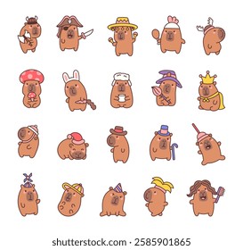 Set of charming capybara cartoon characters dressed in a variety of creative hats and costumes, showcasing animals, props, festive themes, and adorable expressions for fun illustration designs.