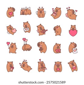 Set of charming capybara valentines day characters celebrating love with hearts, wings, balloons, bouquet, and romantic gestures for joyful and heartfelt moments for yours design projects