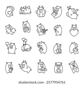 Set of charming capybara valentines day characters celebrating love with hearts, wings, balloons, bouquet, and romantic gestures for joyful and heartfelt moments for yours design projects