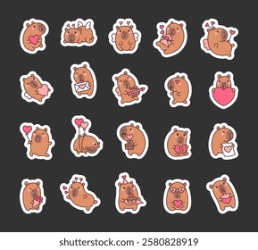 Set of charming capybara valentines day characters celebrating love with hearts, wings, balloons, bouquet, and romantic gestures for joyful and heartfelt moments for yours design projects