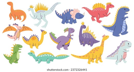 Set Of Charming Cartoon Dino Characters, Each With Its Unique Personality And Vibrant Colors, Perfect For Adding Jurassic Joy To Any Project. Adorable Funny Dinosaurs Collection. Vector Illustration