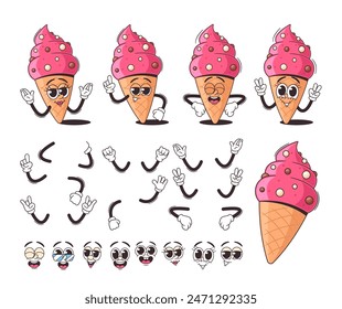 Set Of Charming Cartoon Ice Cream Cone Character Featuring Multiple Facial Expressions And Gestures. Retro Animation