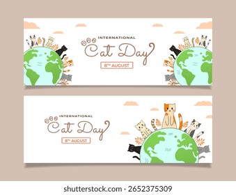 Set Charming cartoon illustration celebrating International Cat Day, featuring adorable cats surrounding a globe against a light background, symbolizing love for cats worldwide on August.