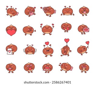 Set of charming chestnut valentines day characters celebrating love with hearts, wings, balloons, bouquet, and romantic gestures for joyful and heartfelt moments for yours design projects