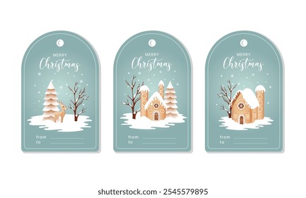 Ensemble d'étiquettes cadeaux de Noël charmants avec des éléments de style pain d'épices. Chaque mot-clé représente une scène hivernale : des arbres, de la neige, une confortable maison en pain d'épices et un renne. L'arrière-plan est d'une couleur bleu clair
