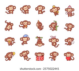 Set of charming cute kawaii cartoon monkey characters with different emotions and unique poses for yours cheerful festive creative decoration and joyful illustration design