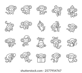 Set of charming cute kawaii cartoon monkey characters with different emotions and unique poses for yours cheerful festive creative decoration and joyful illustration design