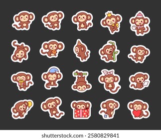 Set of charming cute kawaii cartoon monkey characters with different emotions and unique poses for yours cheerful festive creative decoration and joyful illustration design