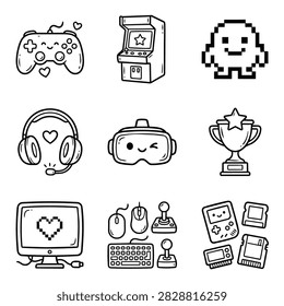 A set of charming doodle-style illustrations representing various video gaming elements and accessories