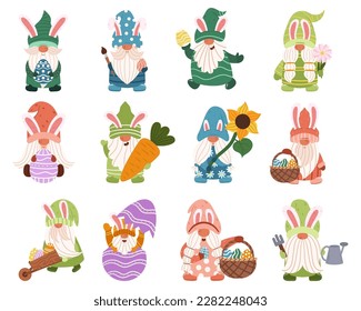 Conjunto De Encantadores Gnomes De Pascua Con Coloridos Trajes Y Sombreros, Con Cestas De Huevos Y Flores. Imagen Para Decoraciones Temáticas De Pascua, Tarjetas De Saludo O Artículos De Regalo. Ilustración del vector de dibujos animados