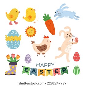 Set Of Charming Easter Icons Depicting Eggs, Bunnies, Flowers, And Chicks In Vivid Colors. For Social Media Graphics, Or Greeting Cards Related To Easter Festivities. Cartoon Vector Illustration