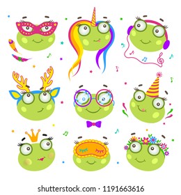 Set of charming frogs with decorative elements. A graphic template for post cards, banners, flyers, covers; textile or wallpaper for nursery. Creative design for holidays